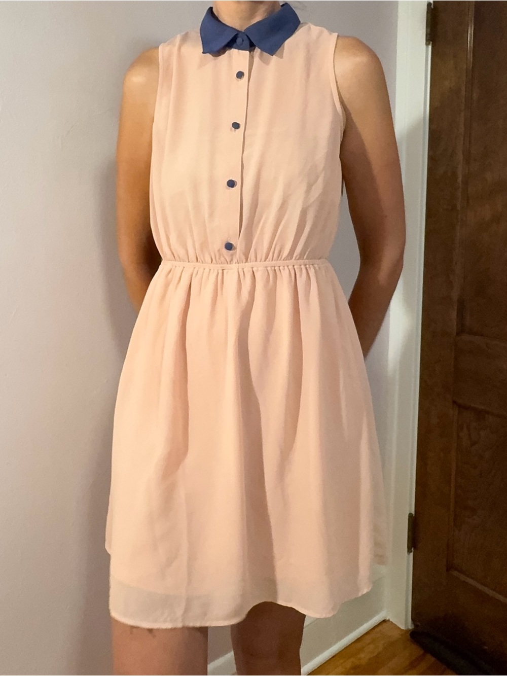 UO Blu Pepper Sleeveless Blush Pink Dress, Navy Collar, Lace Racerback